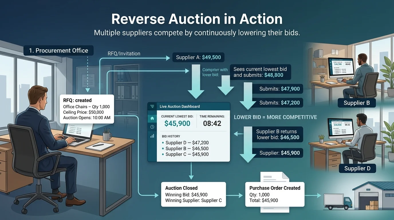 Reverse auction workflow, from RFQ creation to purchase order