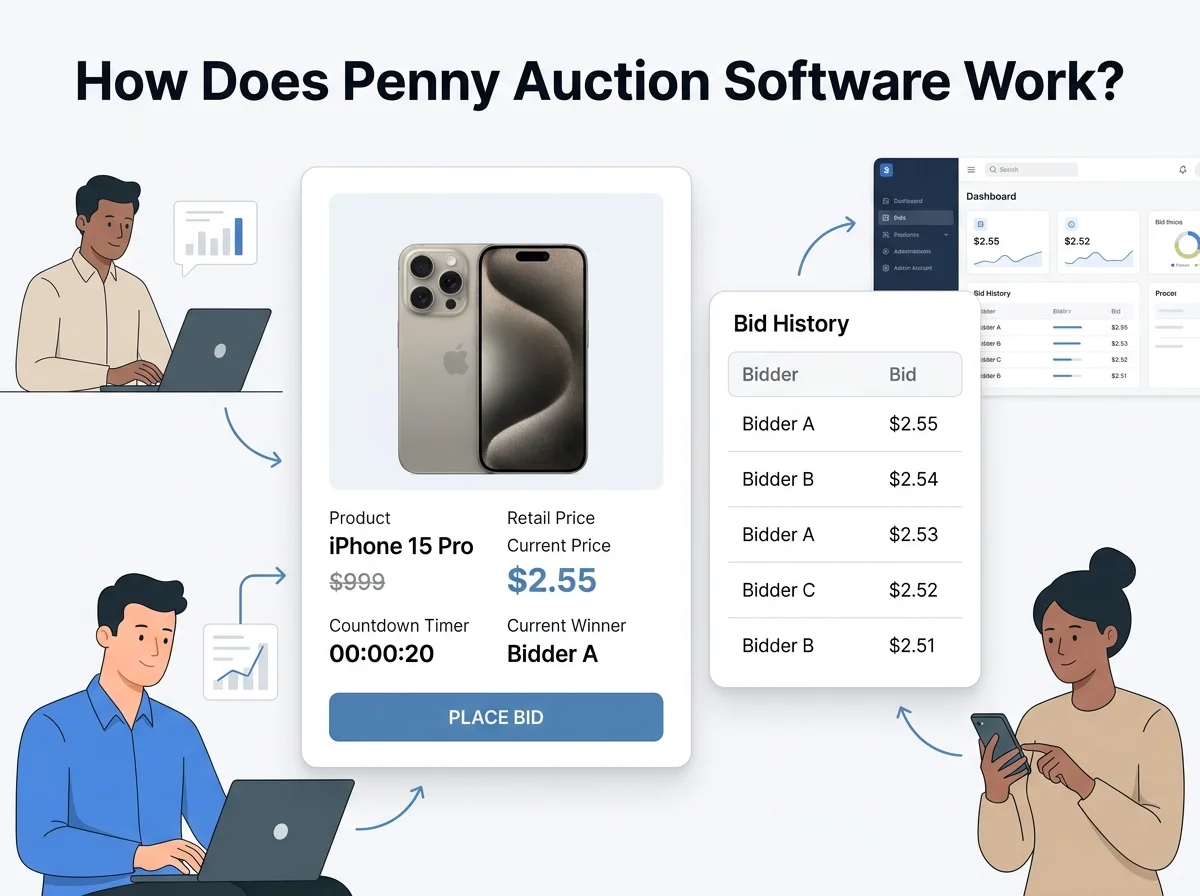 Penny auction live bidding interface showing bid history, countdown timer, and current price