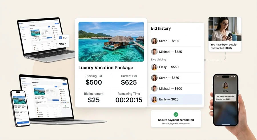 Silent auction bidding interface showing sealed bids and item details