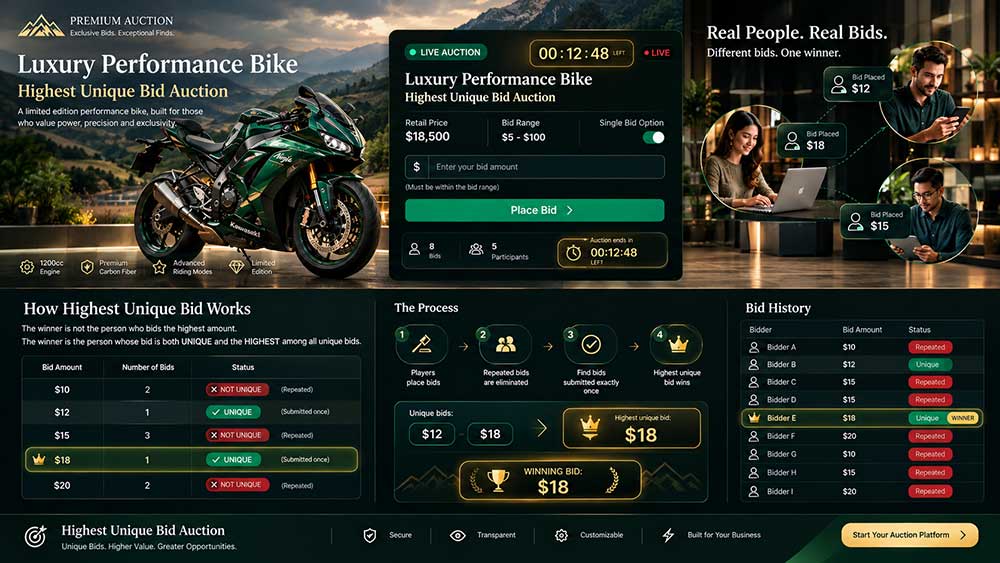 How highest unique bid auction works, showing duplicate and winning unique bids