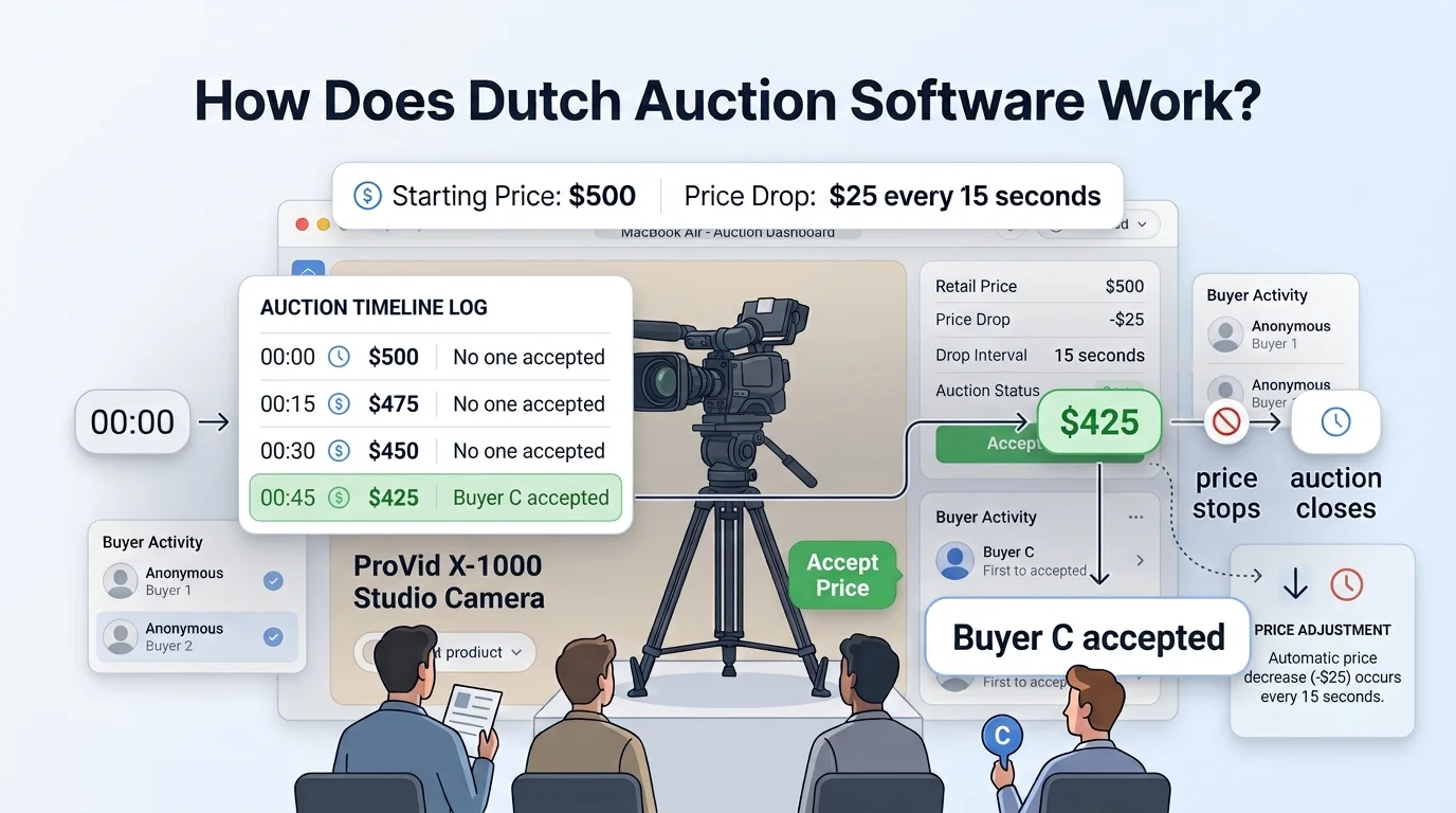 How Dutch auction software works, showing the price dropping until a buyer accepts